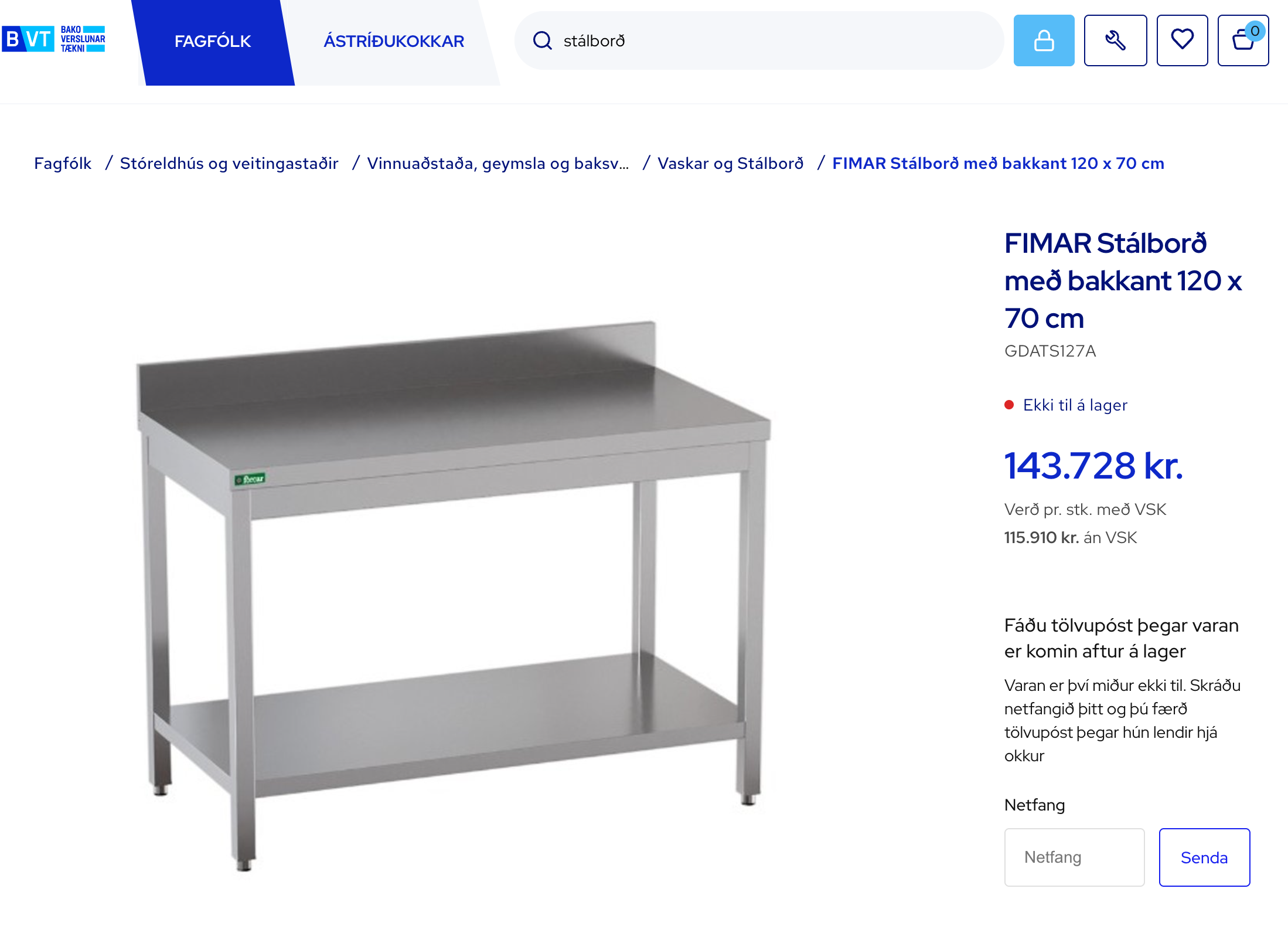 Stálborð m/bakkant frá Fastus Expert 6